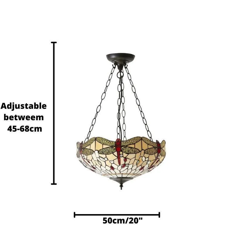 Beige Dragonfly 50cm Inverted Tiffany Ceiling Light - Adj Chain