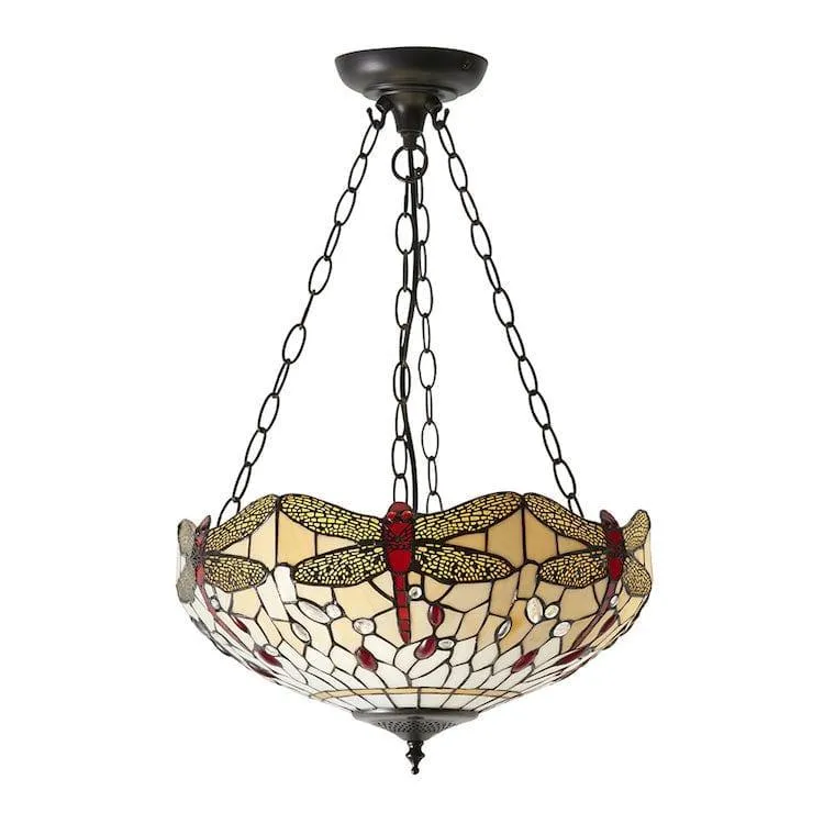 Beige Dragonfly 50cm Inverted Tiffany Ceiling Light - Adj Chain