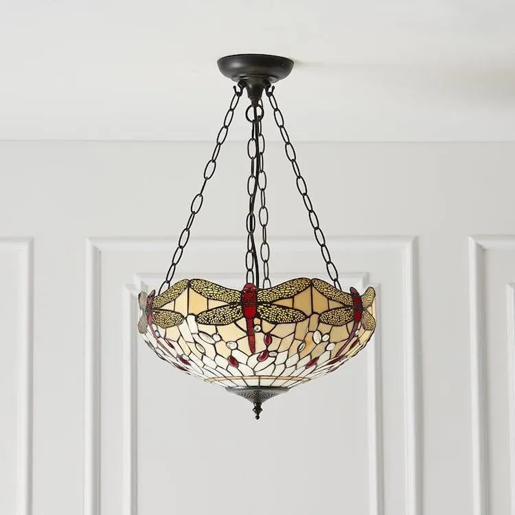 Beige Dragonfly Inverted Tiffany Ceiling Light