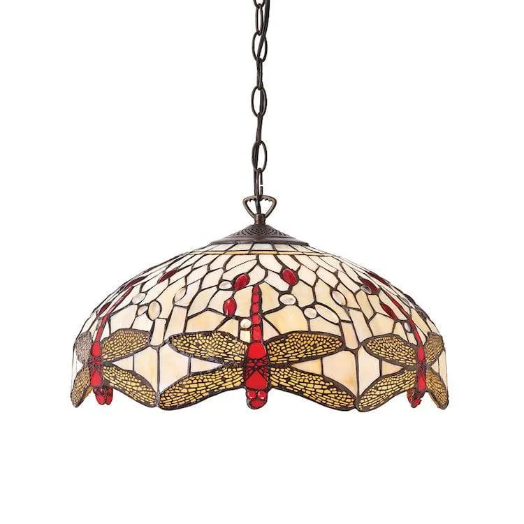 Beige Dragonfly Medium 1 Light Tiffany Ceiling Light