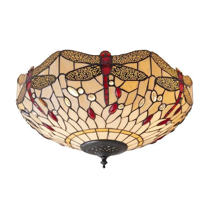 Beige Dragonfly Medium Flush Tiffany Ceiling Light