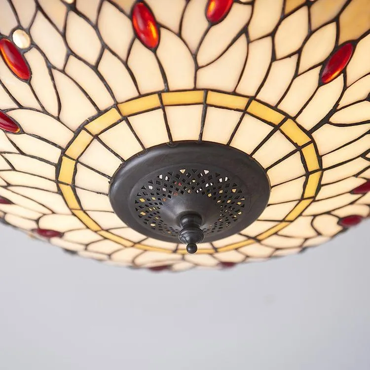 Beige Dragonfly Medium Flush Tiffany Ceiling Light