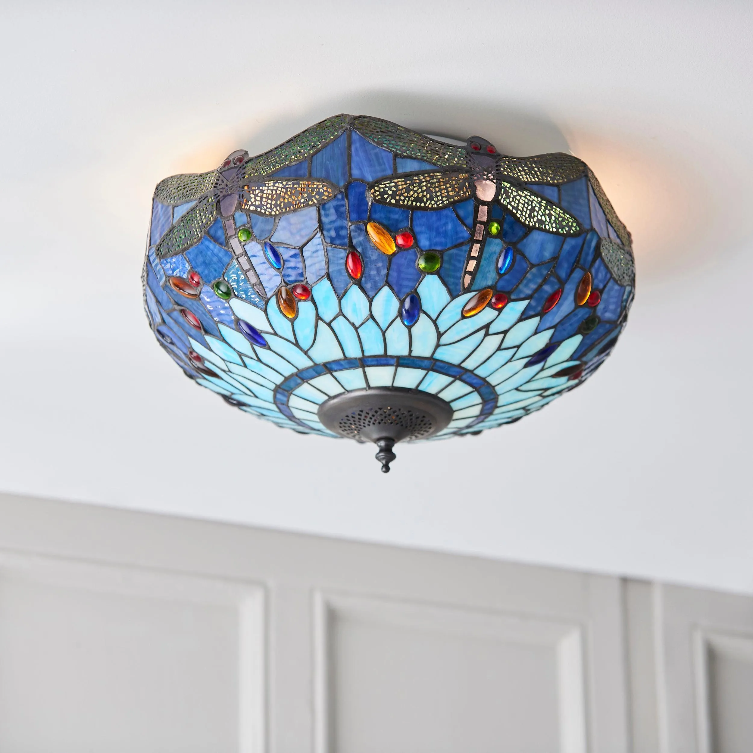 Blue Dragonfly Large Tiffany Flush Ceiling Light