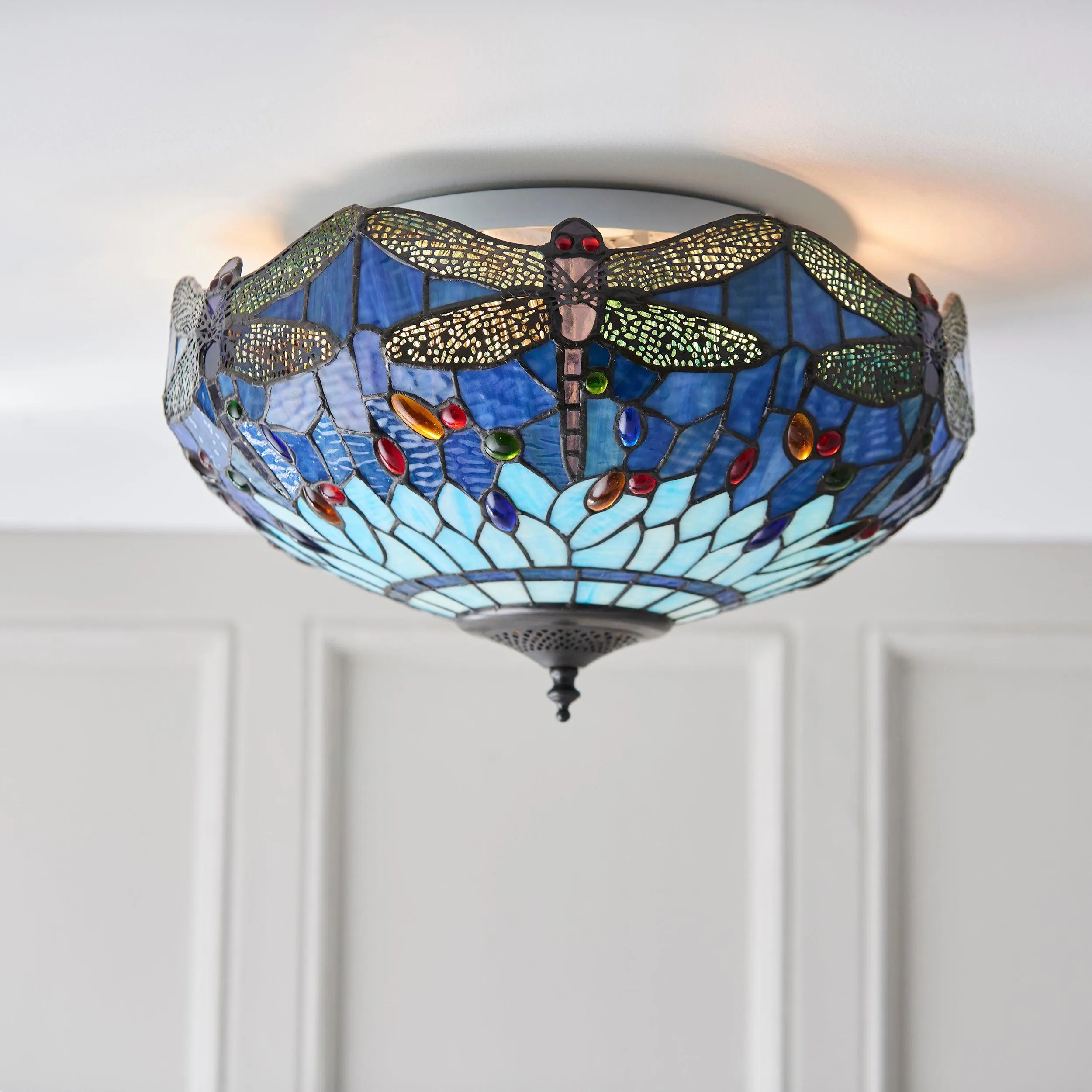 Blue Dragonfly Large Tiffany Flush Ceiling Light