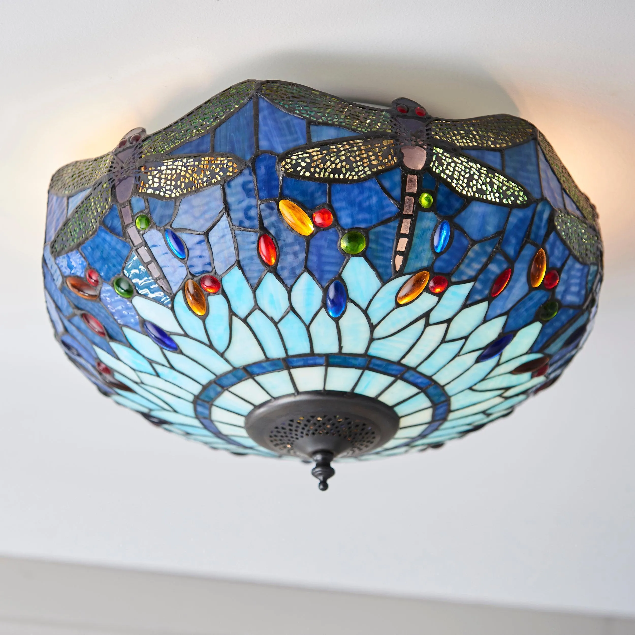 Blue Dragonfly Large Tiffany Flush Ceiling Light