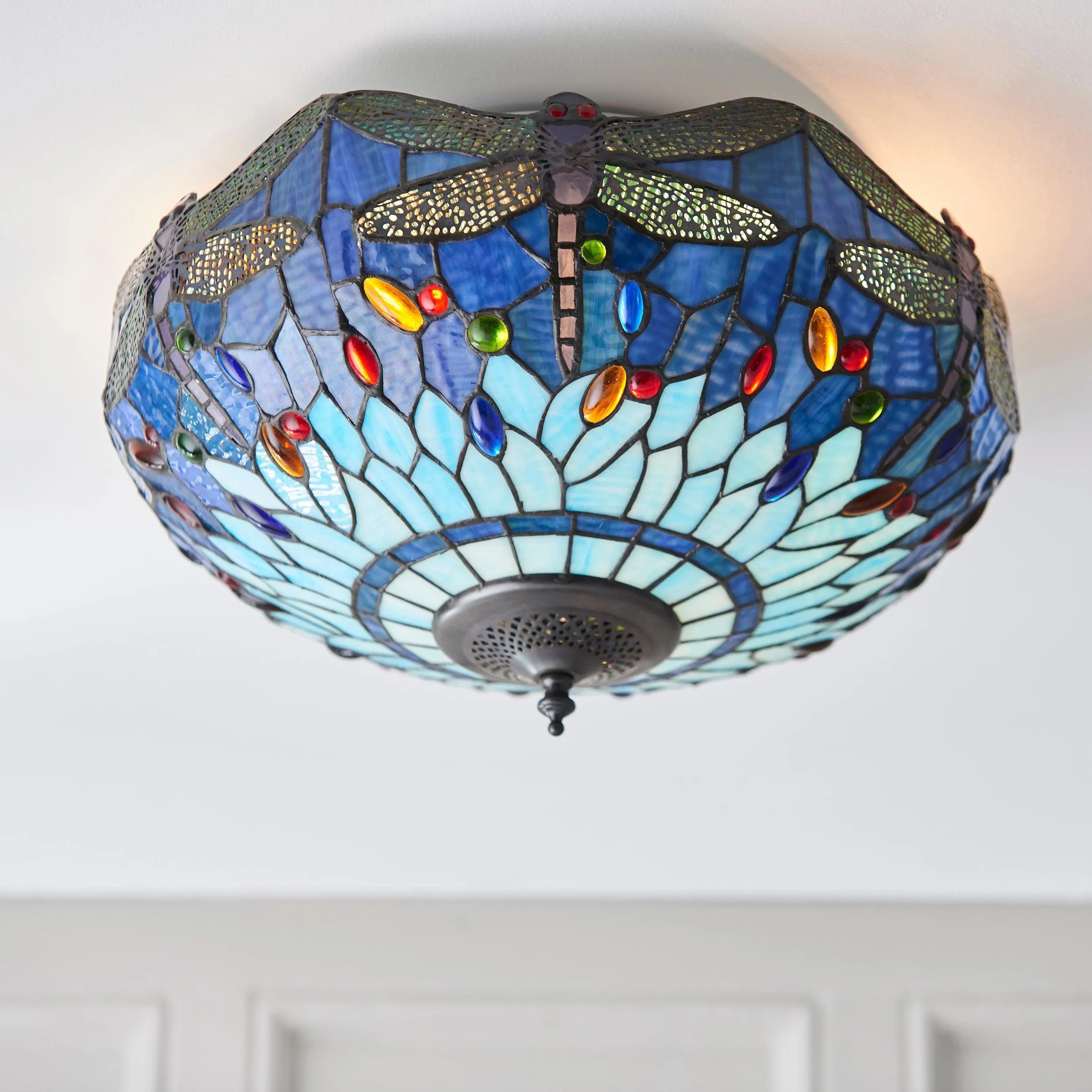 Blue Dragonfly Large Tiffany Flush Ceiling Light