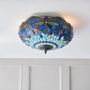 Blue Dragonfly Large Tiffany Flush Ceiling Light