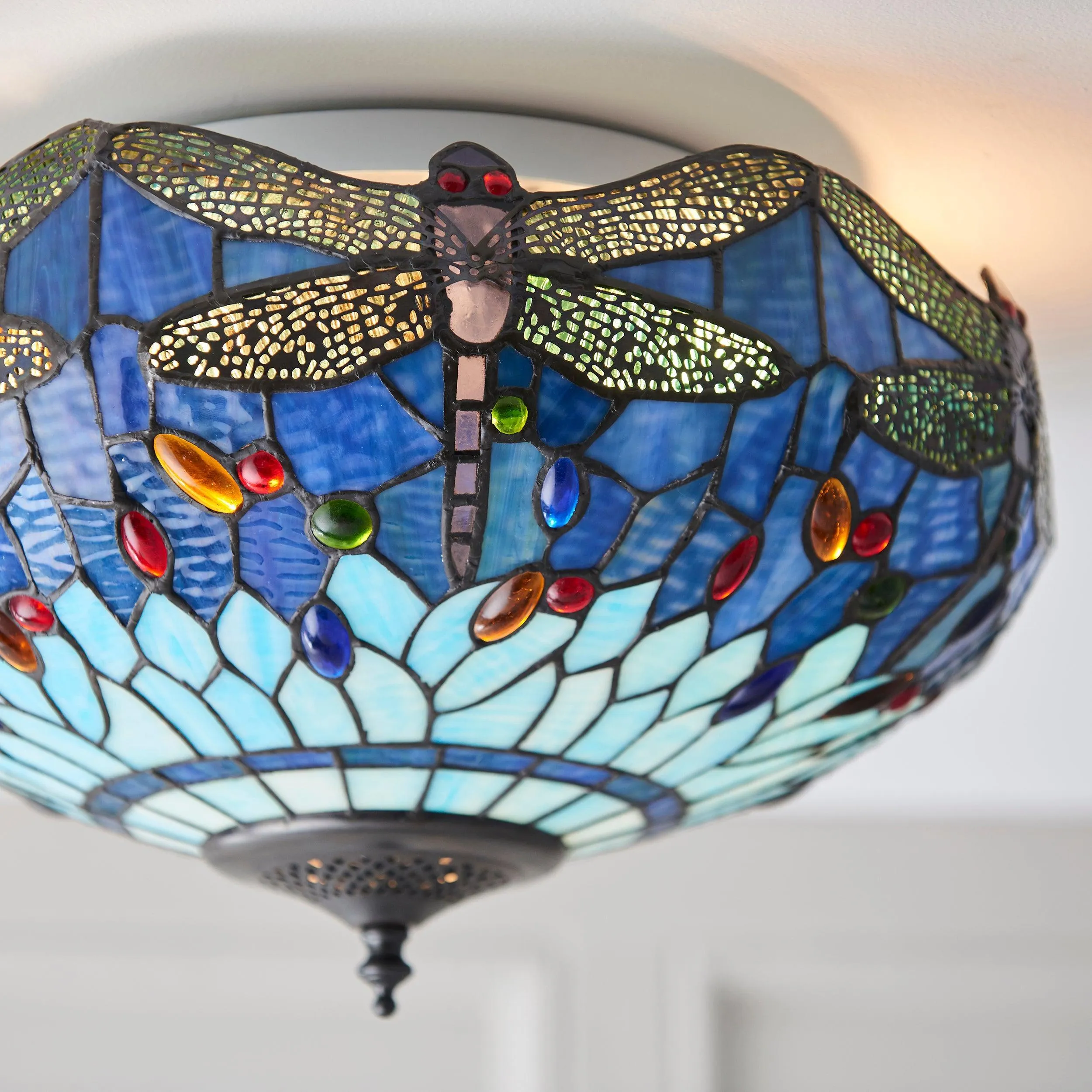 Blue Dragonfly Large Tiffany Flush Ceiling Light