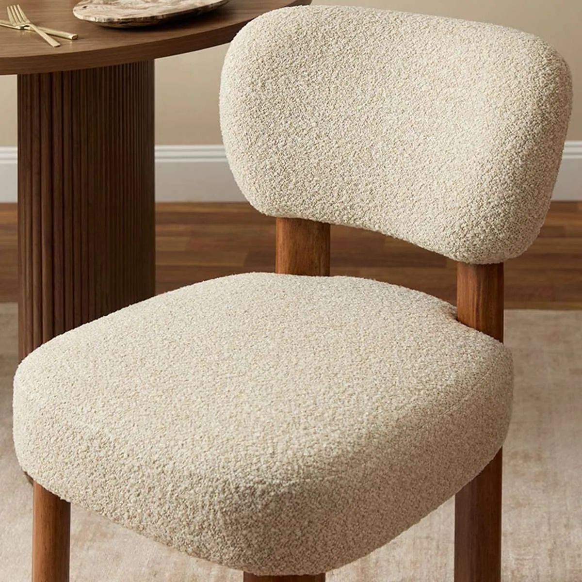 Coco Boucle Dining Chair - Set of 2 - Cream/Walnut Mocka