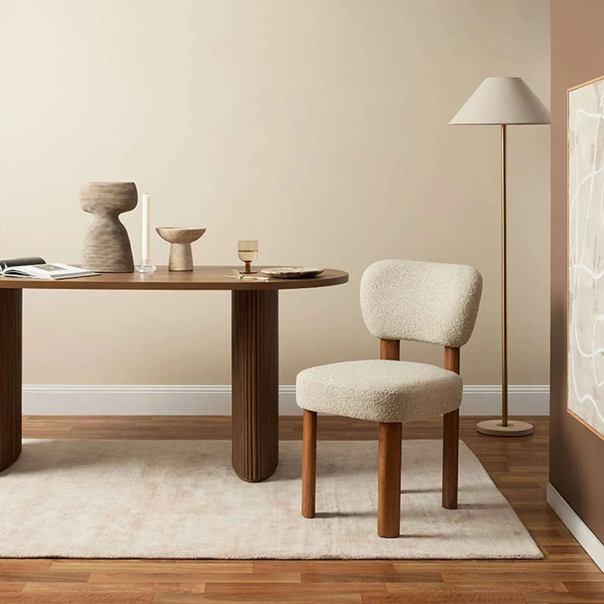 Coco Boucle Dining Chair - Set of 2 - Cream/Walnut Mocka