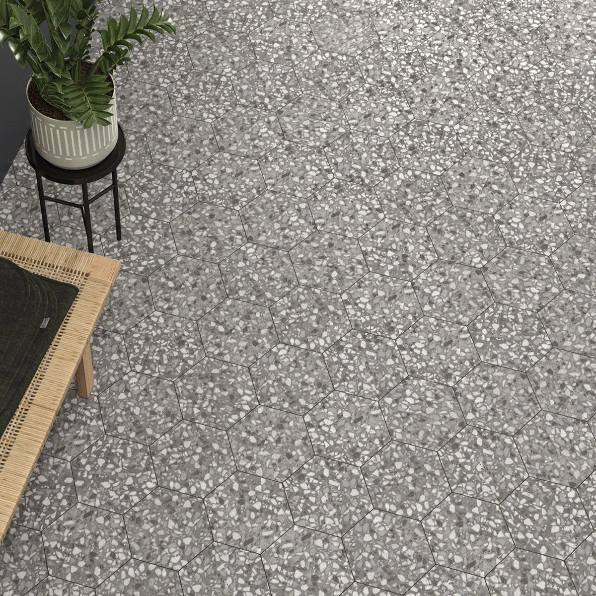 Deluxe Terrazzo Grey Hexagonal Porcelain Tile 23x27cm Matt