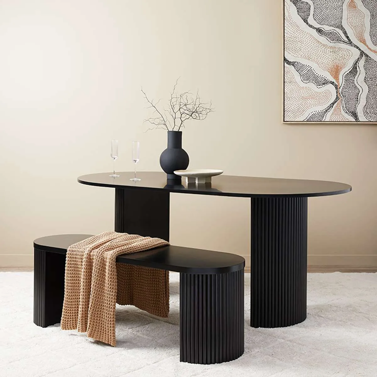 Eve Black Table and Willa Seven Piece Dining Set Mocka