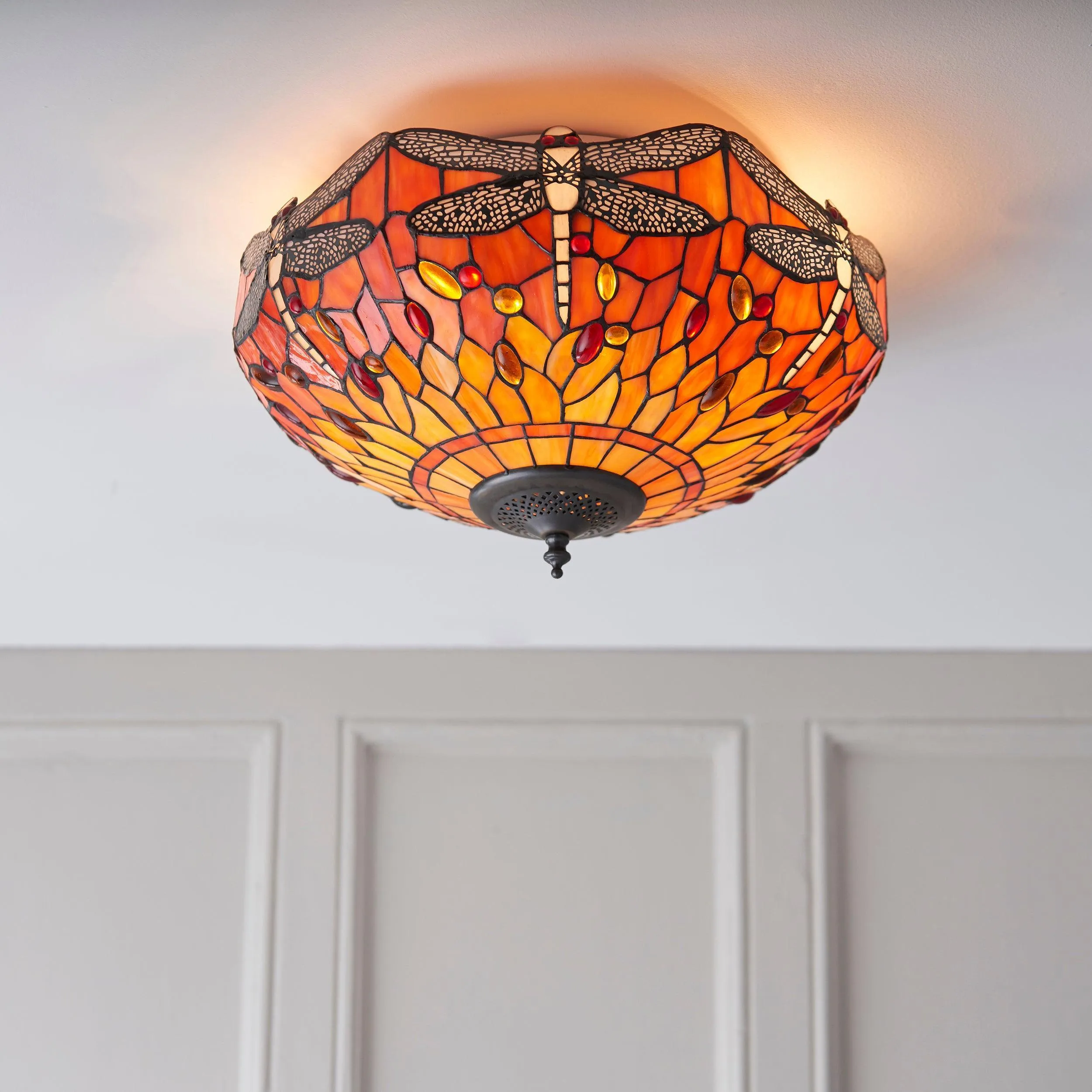 Flame Dragonfly 41cm Flush Tiffany 2 Light Ceiling Light