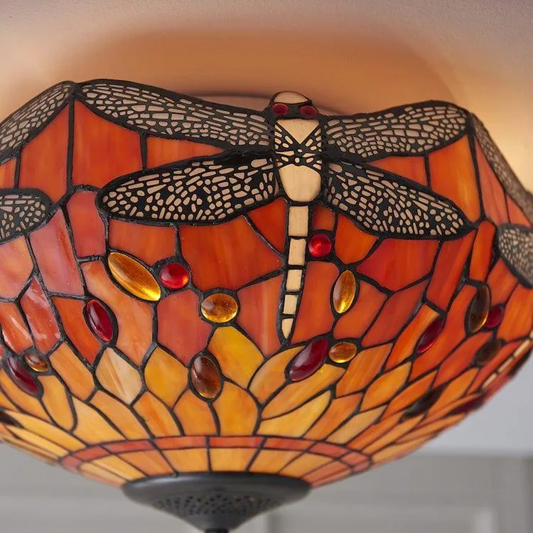 Flame Dragonfly 41cm Flush Tiffany 2 Light Ceiling Light