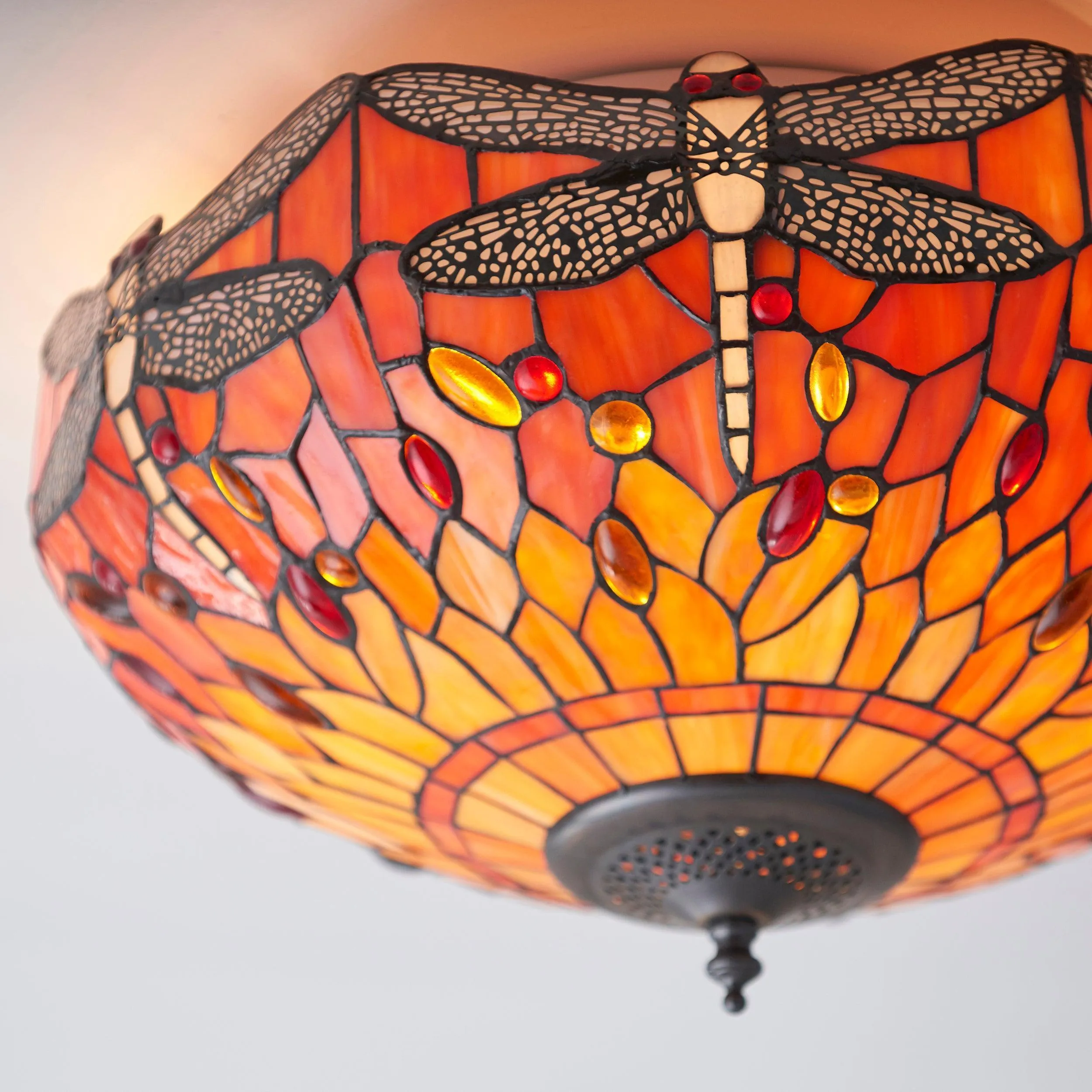 Flame Dragonfly 41cm Flush Tiffany 2 Light Ceiling Light