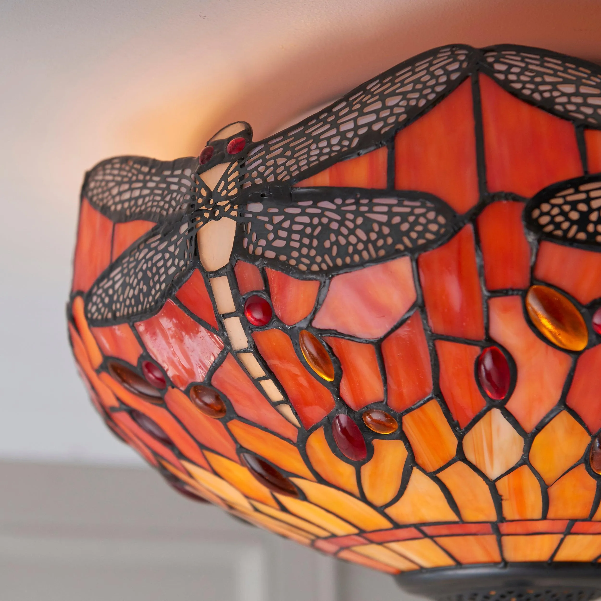 Flame Dragonfly 41cm Flush Tiffany 2 Light Ceiling Light