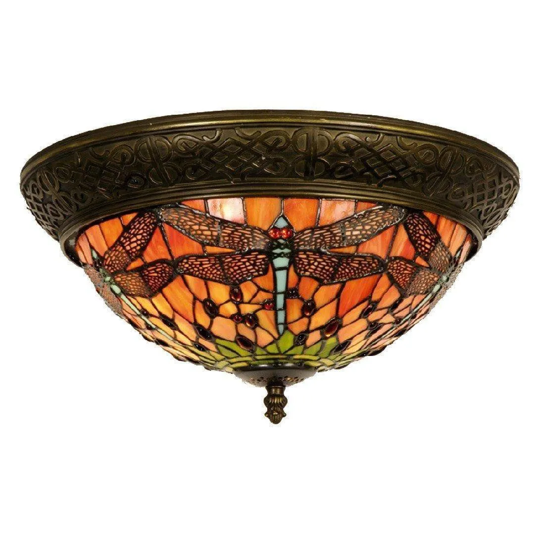 Flame Dragonfly Medium Flush Tiffany Ceiling Light