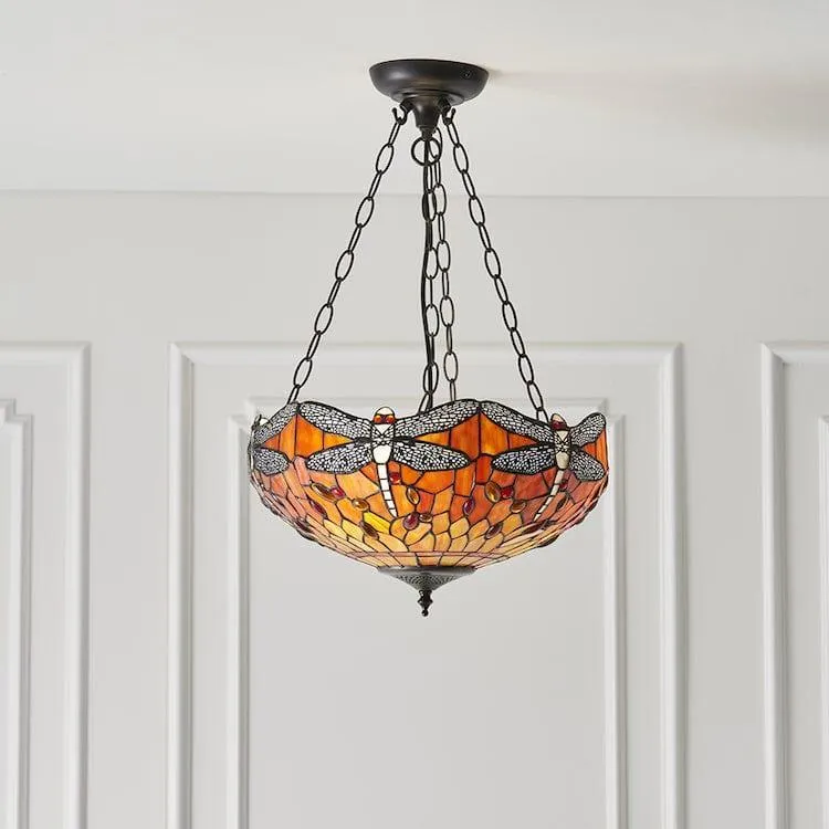 Flame Dragonfly Medium Inverted Tiffany Ceiling Light