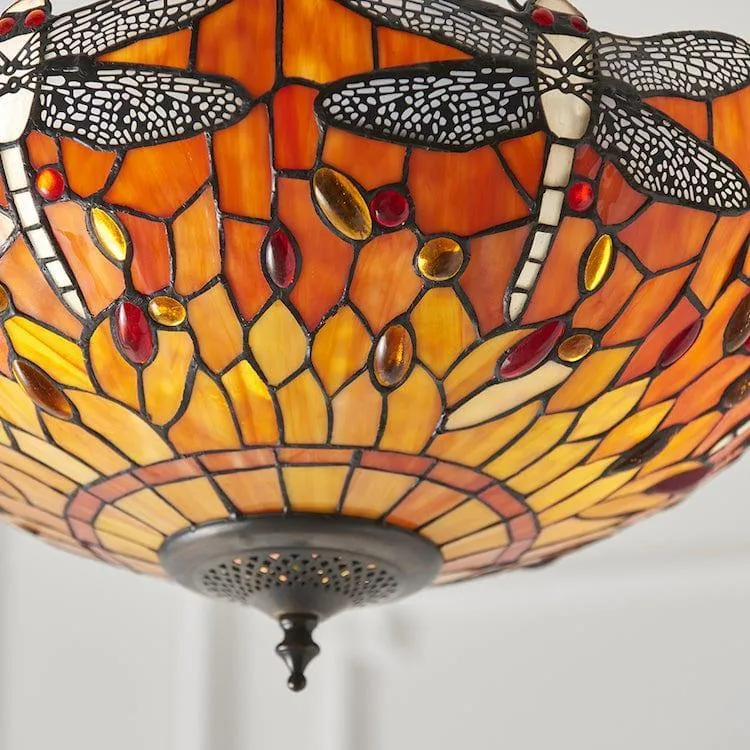 Flame Dragonfly Medium Inverted Tiffany Ceiling Light