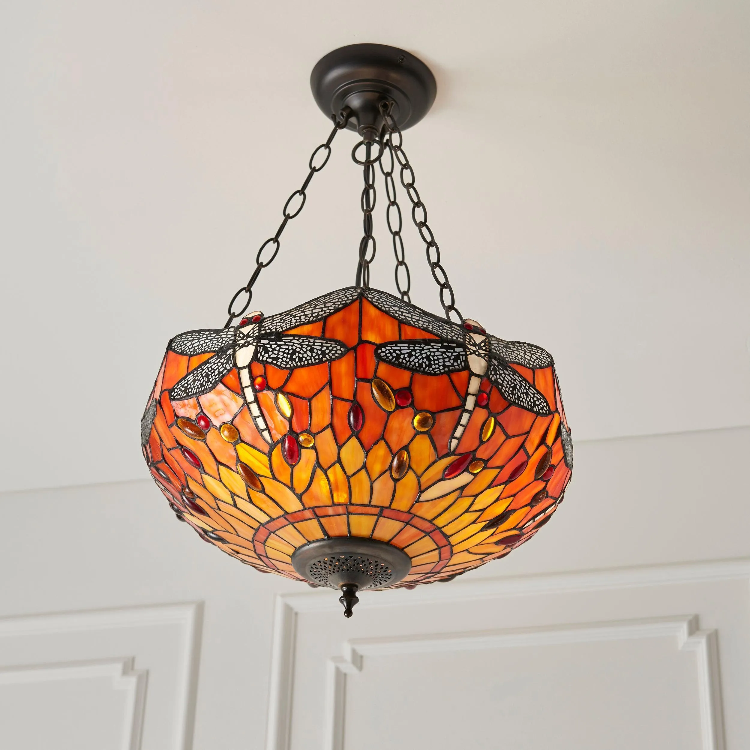 Flame Dragonfly Medium Inverted Tiffany Ceiling Light
