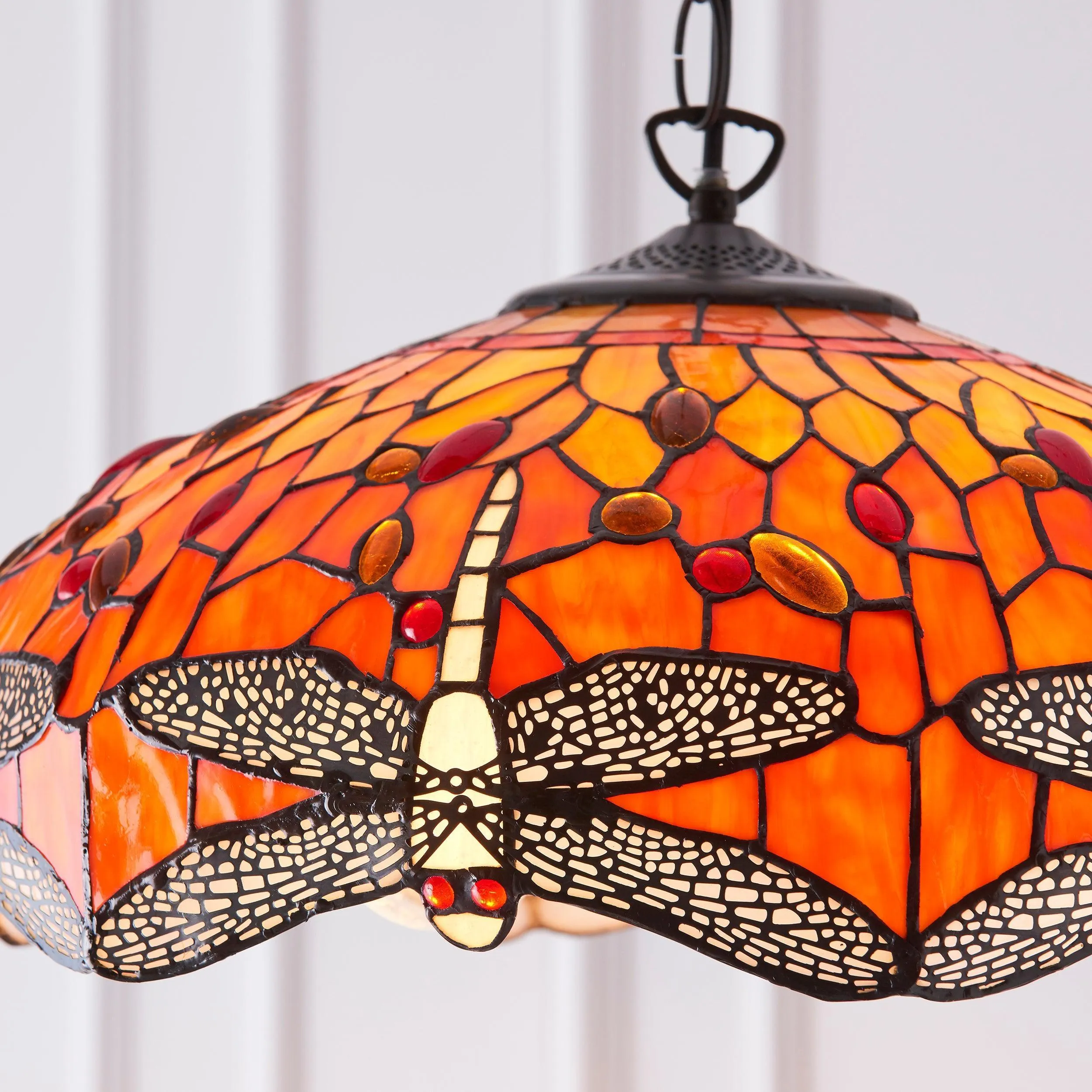 Flame Dragonfly Medium Tiffany Ceiling Light, 1 Bulb Fitting