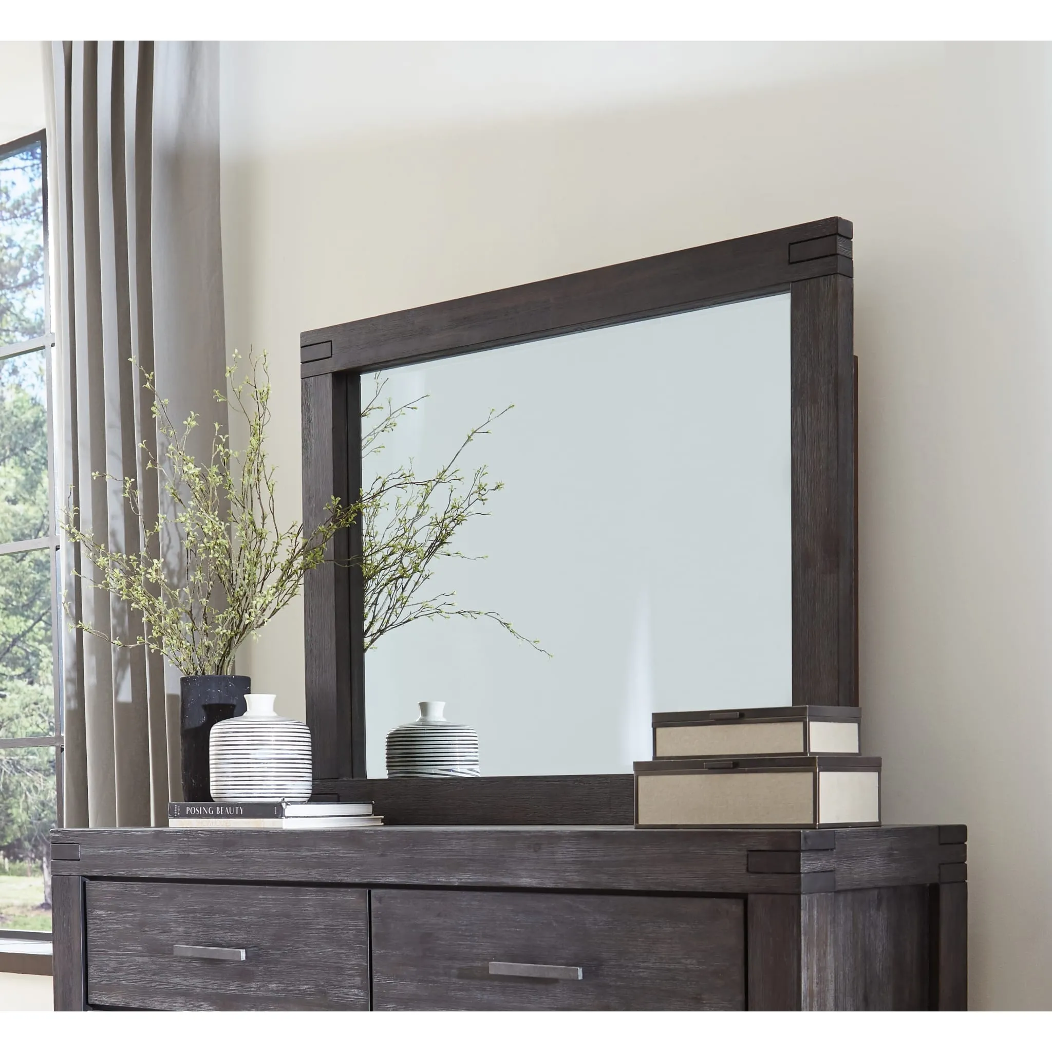 Meadow Solid Wood Beveled Glass Solid Wood Mirror in Graphite Modus