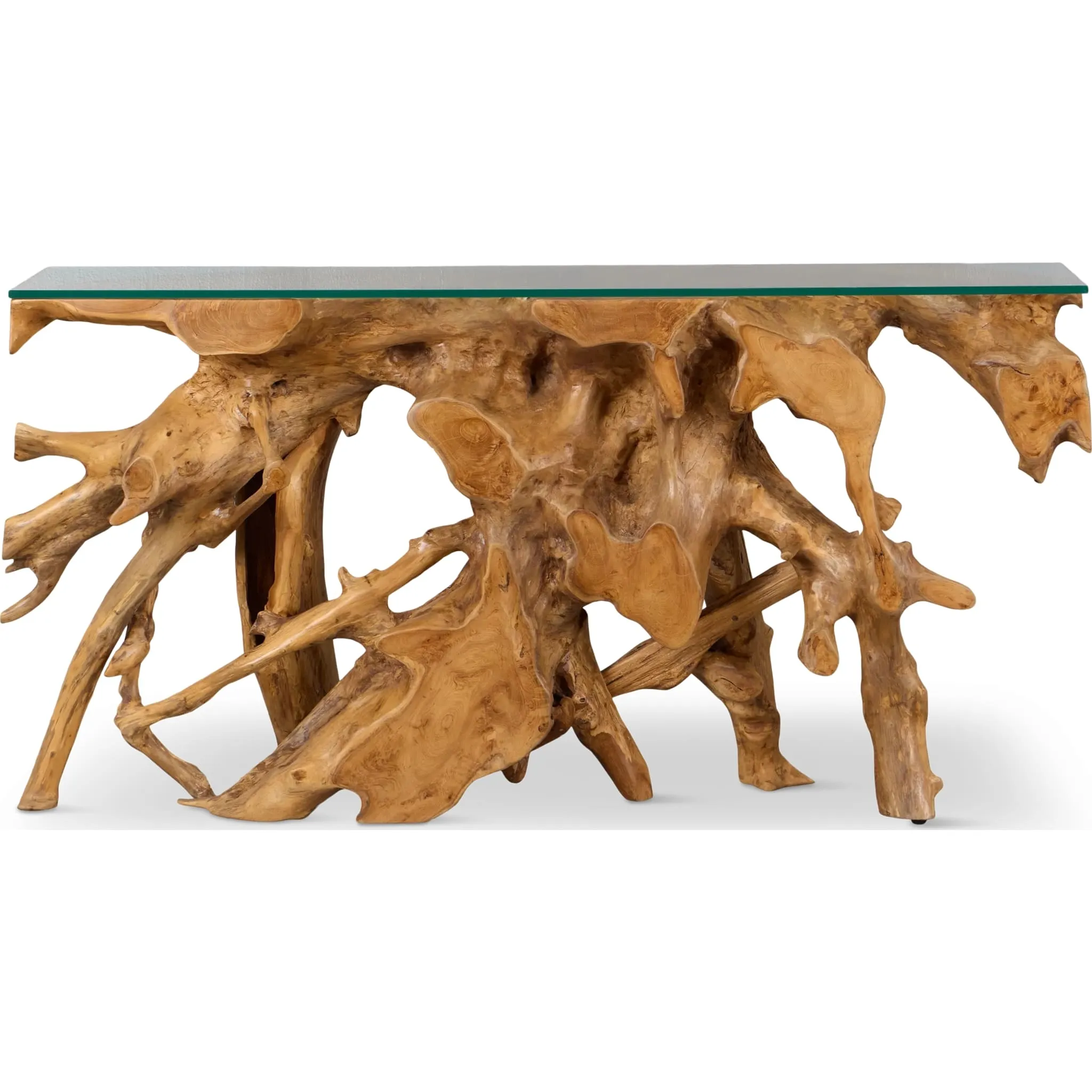 One Solid Teak Root Glass Top Console Table Modus