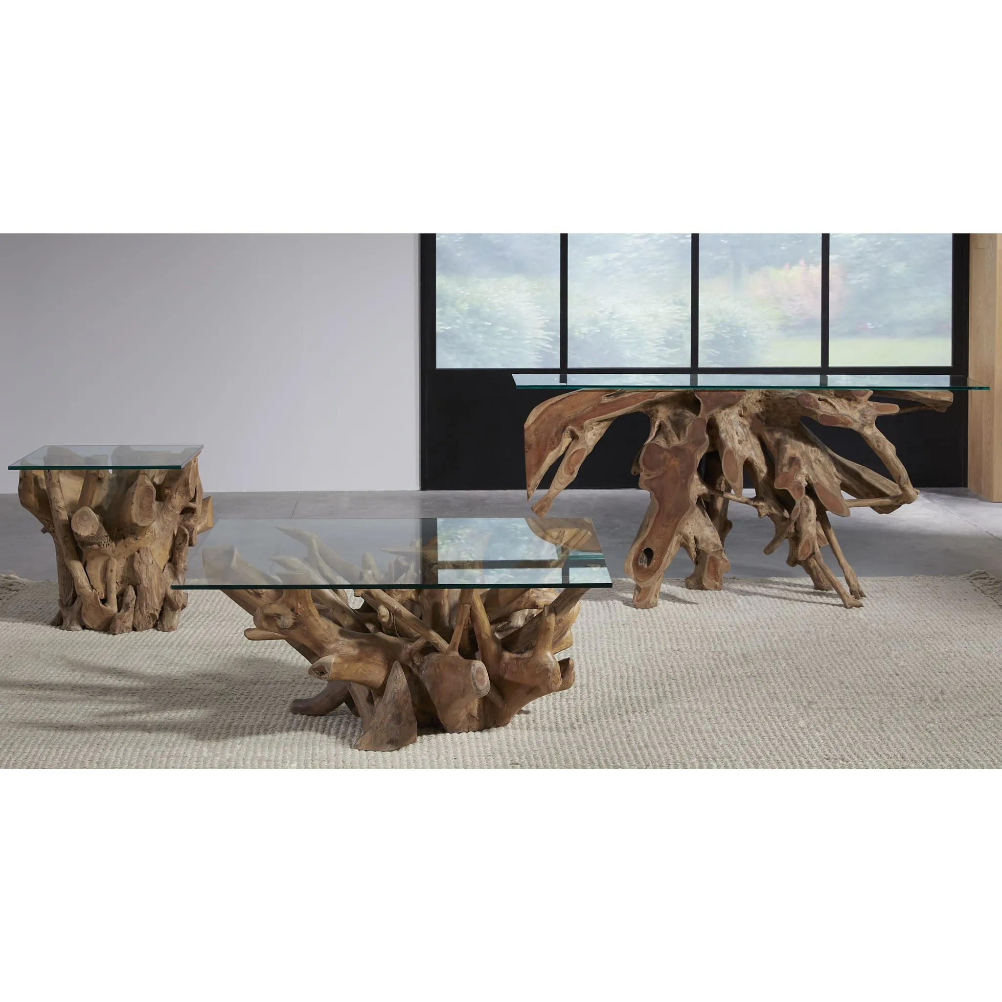 One Solid Teak Root Glass Top Console Table Modus