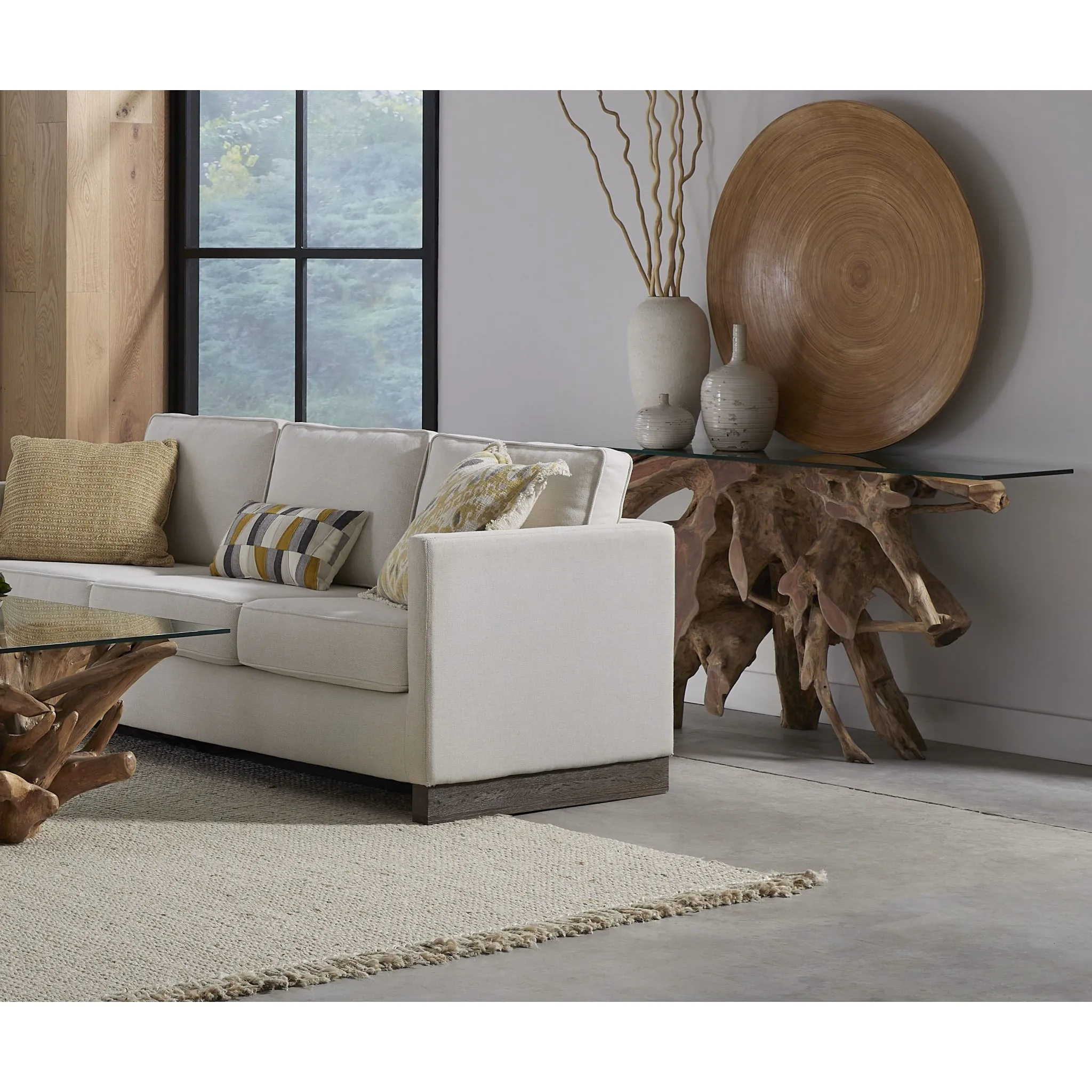 One Solid Teak Root Glass Top Console Table Modus