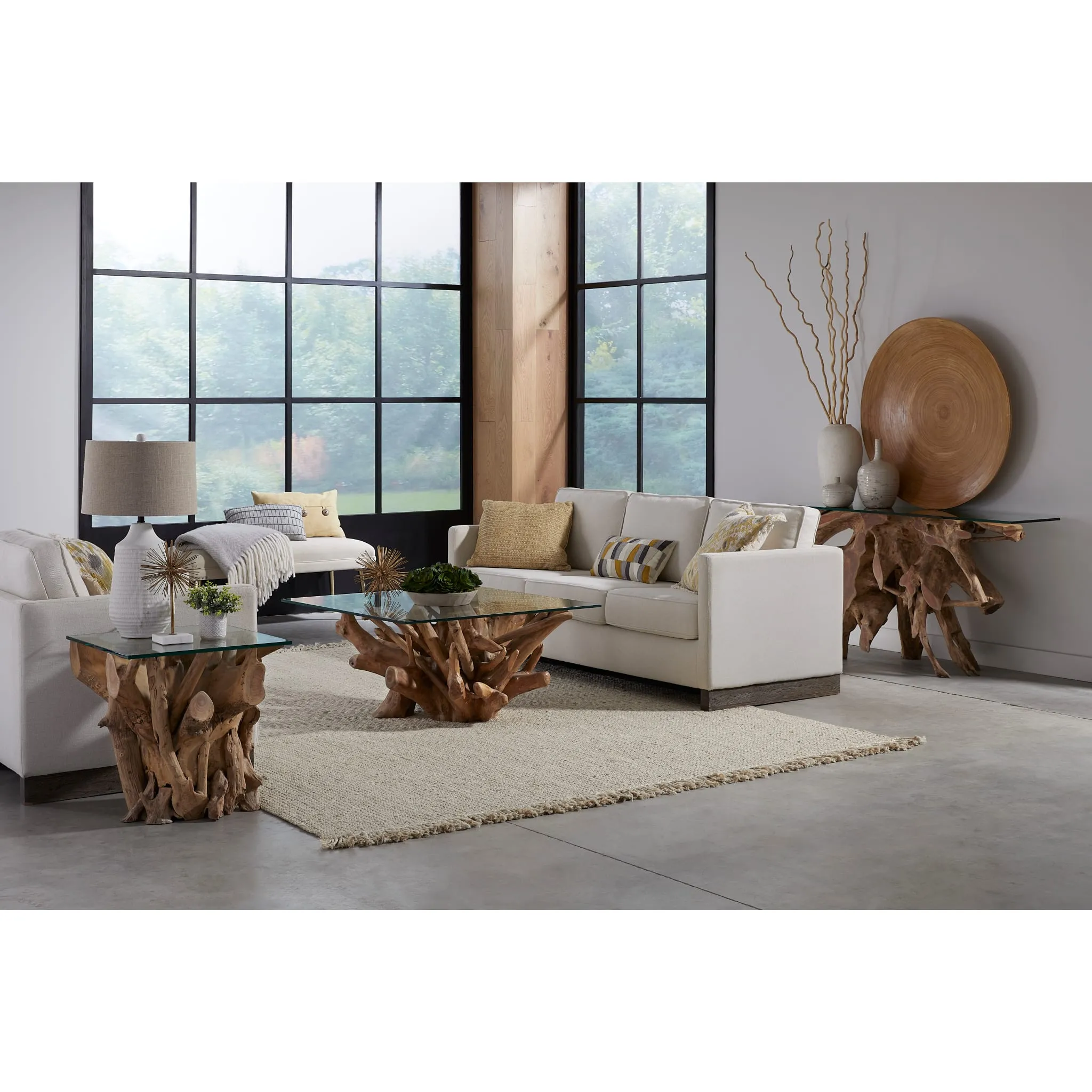 One Solid Teak Root Glass Top Console Table Modus