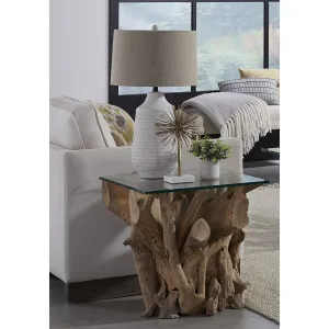 One Solid Teak Root Glass Top End Table Modus