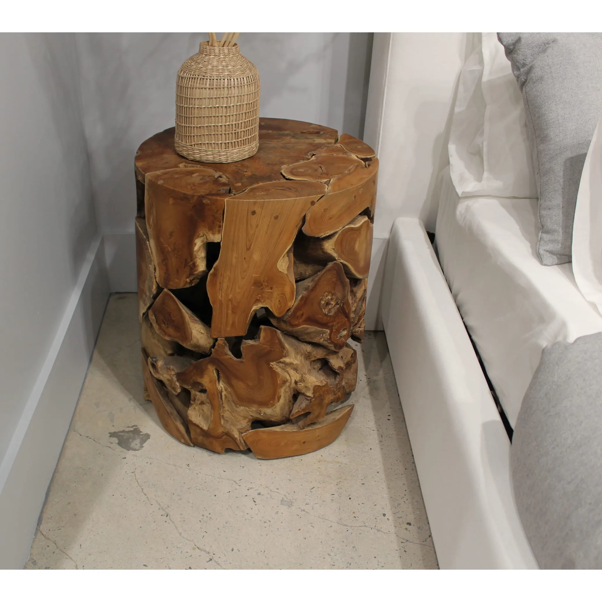 One Teak Slice Round End Table in Warm Teak Modus