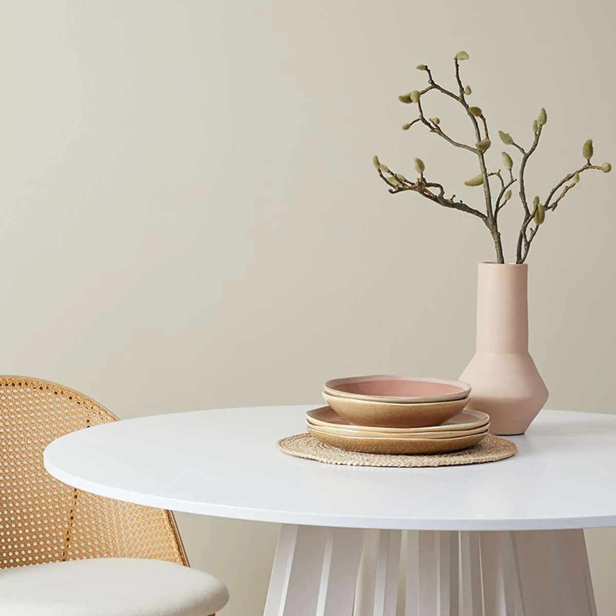 Rune Four Seater Slatted Round Dining Table - White Mocka