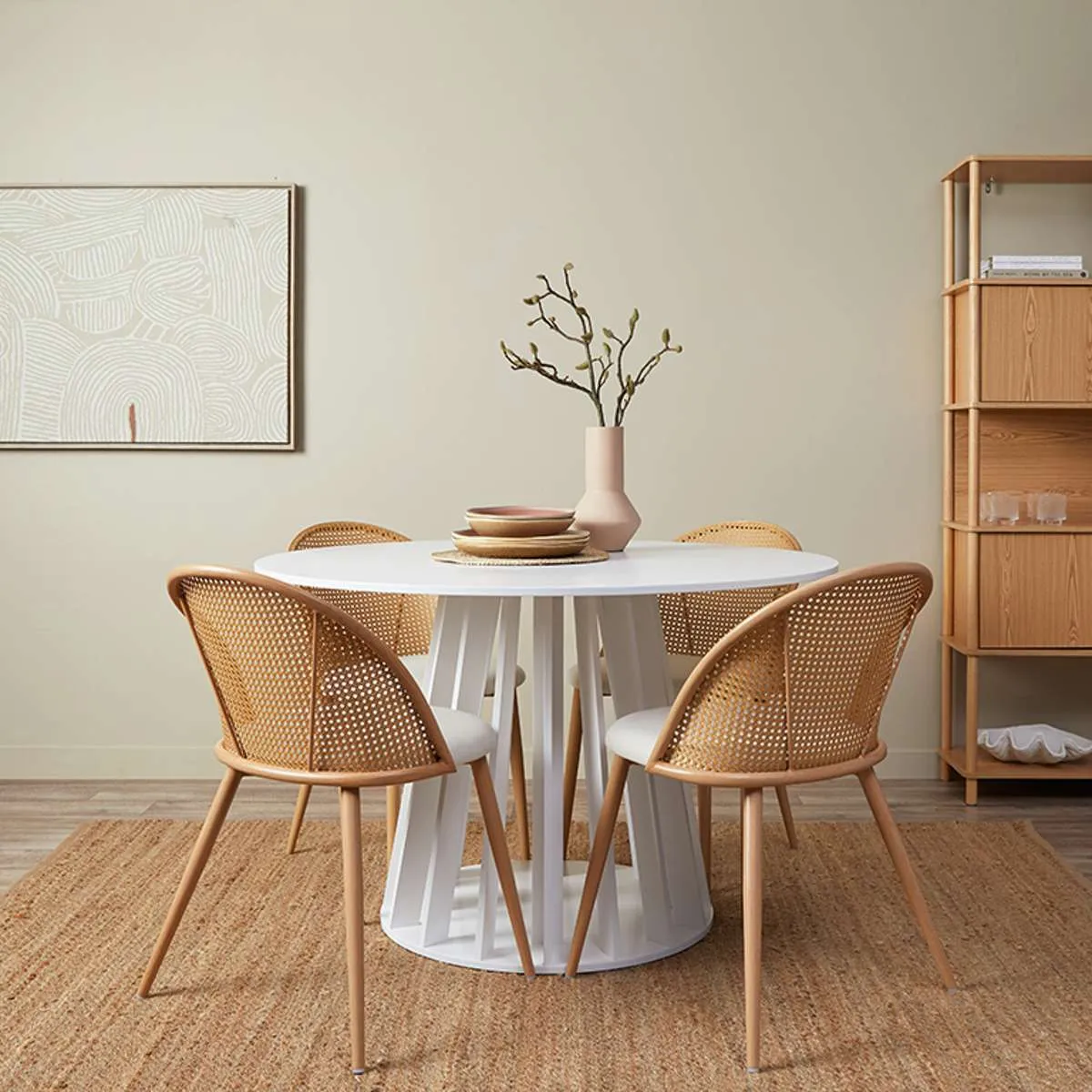Rune Four Seater Slatted Round Dining Table - White Mocka