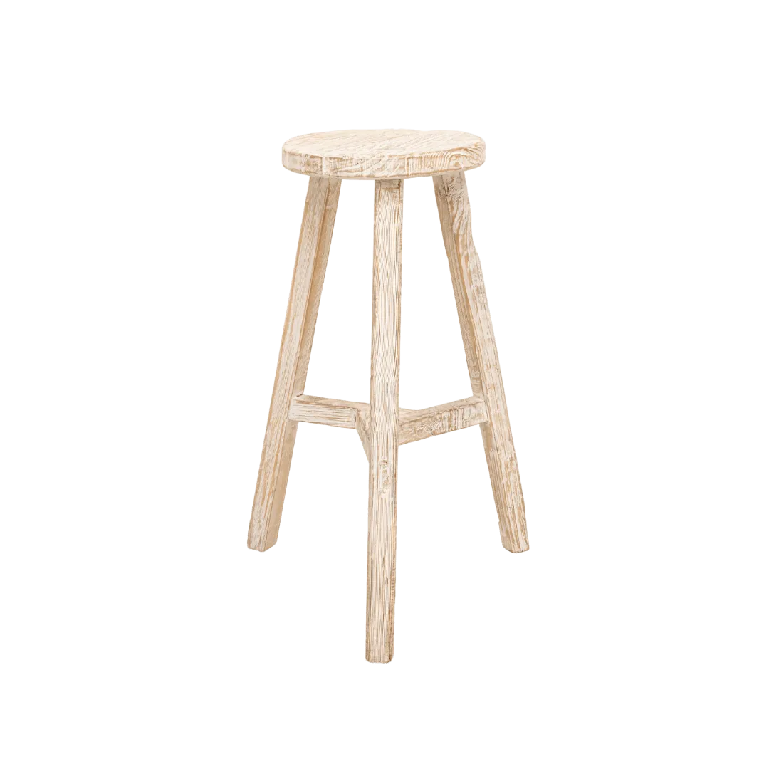 Vintage Elm Wood Round Bar Stool | Light Waxed Zoco Home