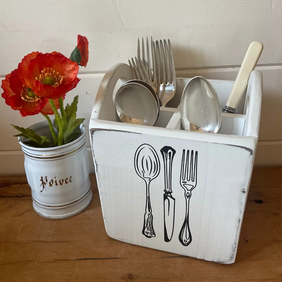 White Wooden Cutlery Box Funky Chunky