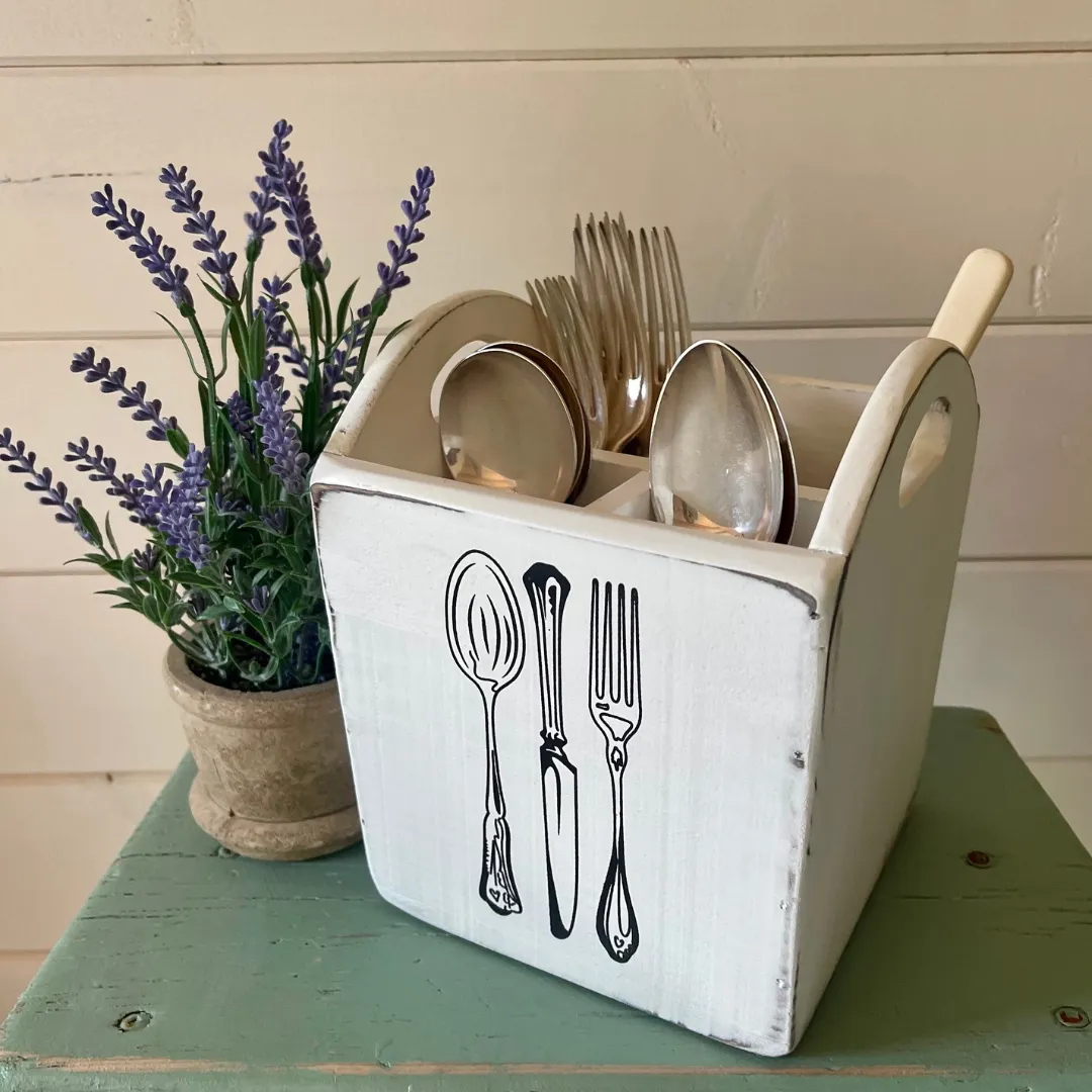 White Wooden Cutlery Box Funky Chunky